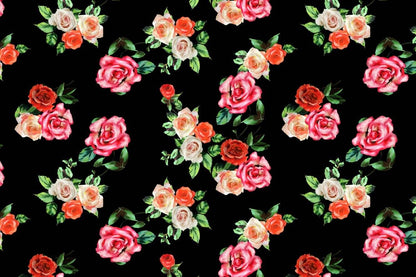 Black Background Rose Fabric – Available in Satin, Crepe, Spandex & Chiffon | By Metre