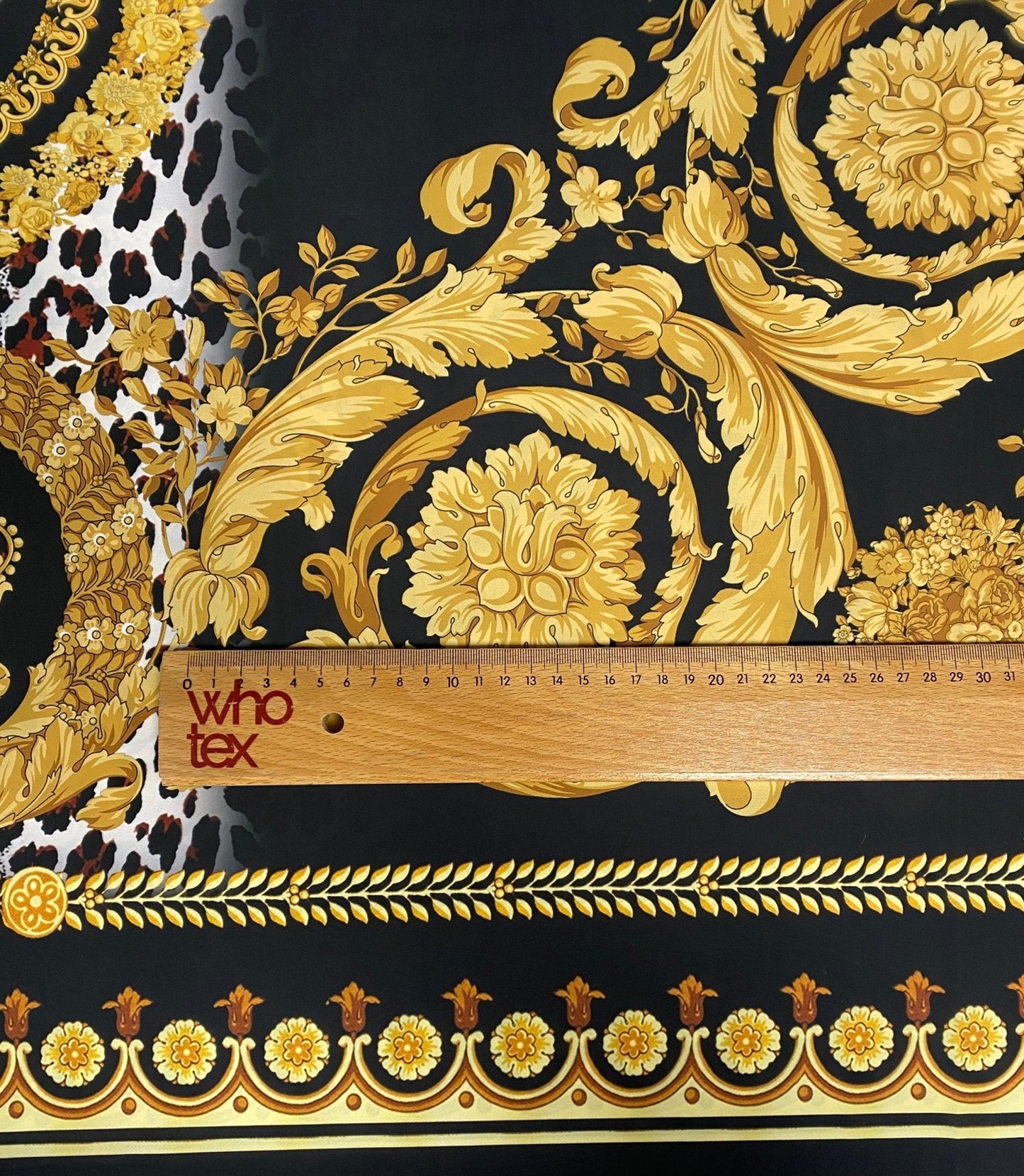 Black Baroque Gold Crepe Fabric by the Metre