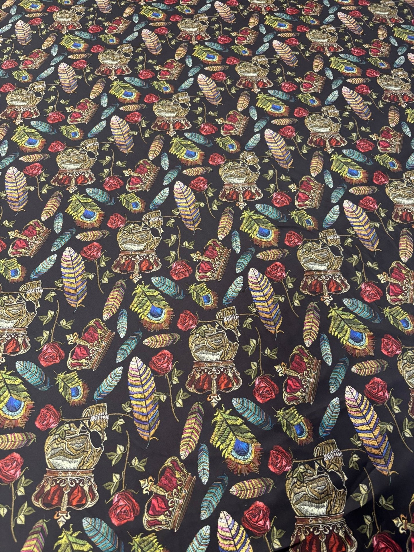 Black Satin Fabric by the Metre – Gothic Crown Roses Feathers