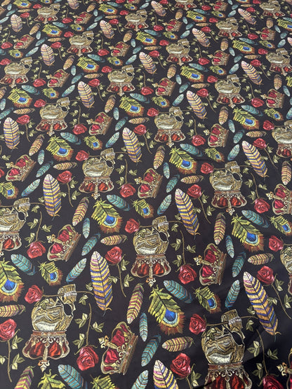 Black Satin Fabric by the Metre – Gothic Crown Roses Feathers