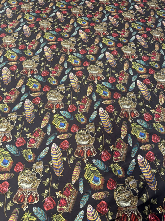 Black Satin Fabric by the Metre – Gothic Crown Roses Feathers