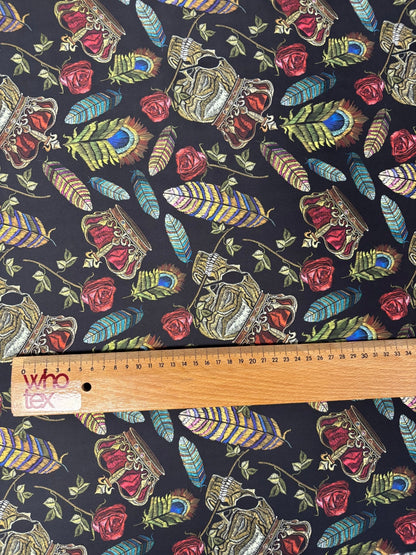 Black Satin Fabric by the Metre – Gothic Crown Roses Feathers