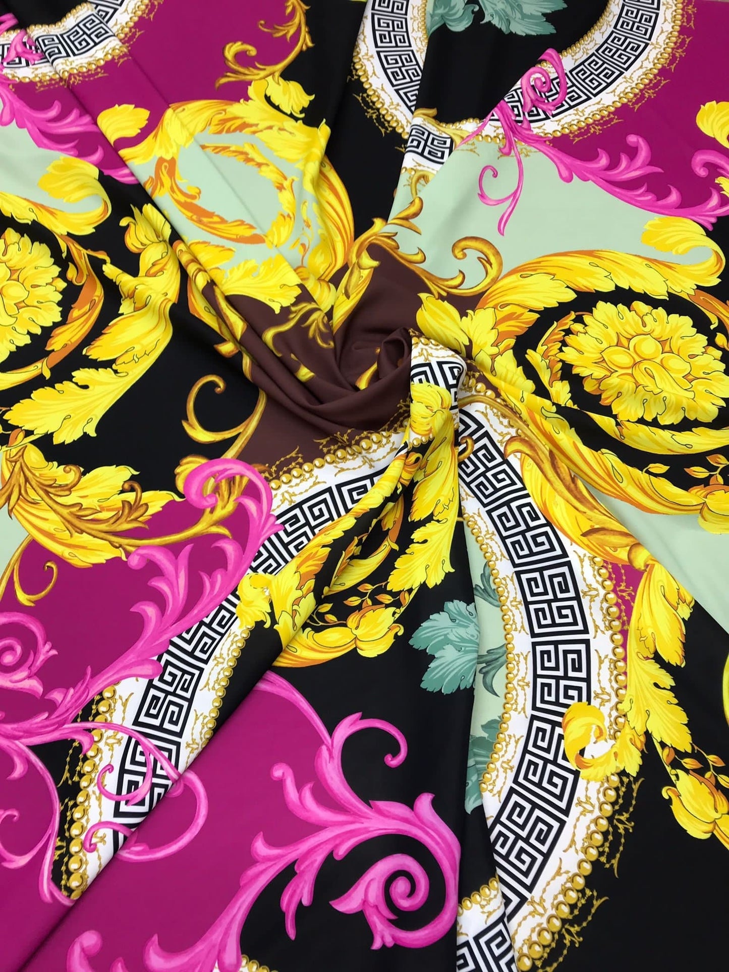 Black Pink Fabric with Greek Key Print Design
