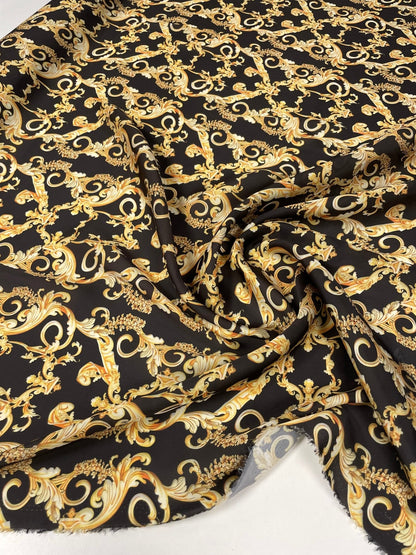 Black Satin Fabric with Gold Baroque Scroll Design