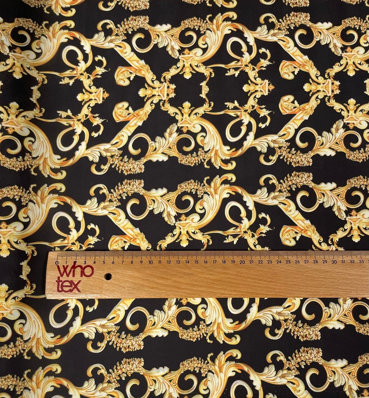 Black Satin Fabric with Gold Baroque Scroll Design