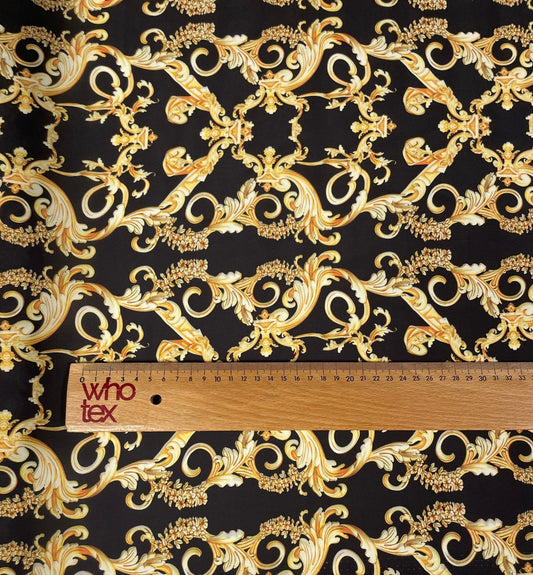 Black Satin Fabric with Gold Baroque Scroll Design