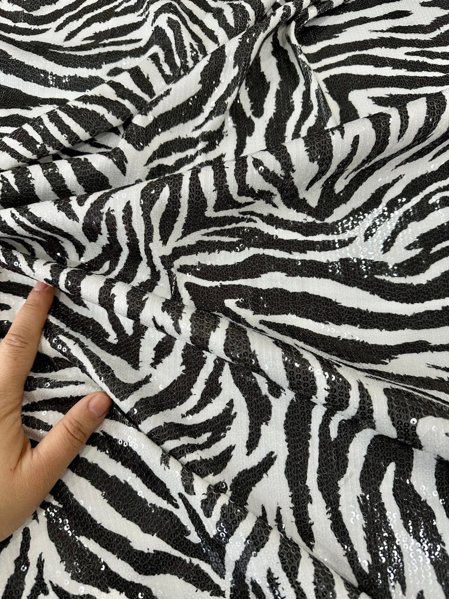 Black White Zebra Sequin Fabric, 2- Way Stretch Sequin Fabric By The Yard