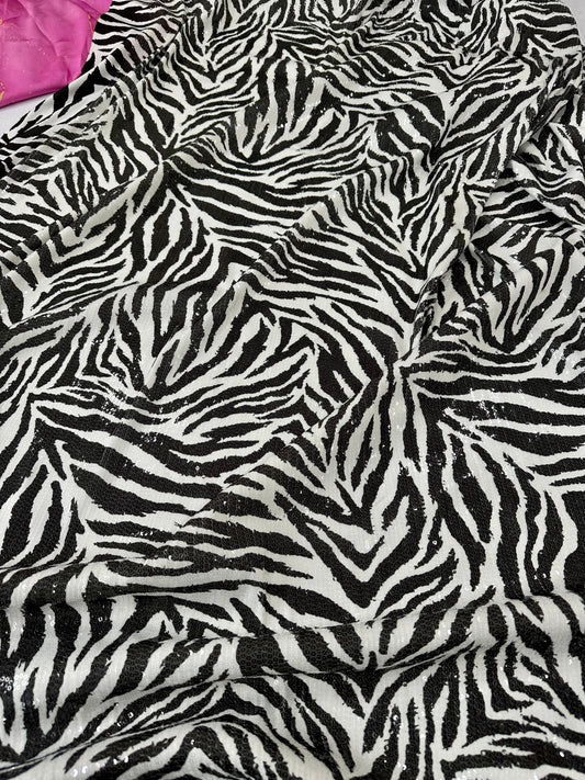 Black White Zebra Sequin Fabric, 2- Way Stretch Sequin Fabric By The Yard