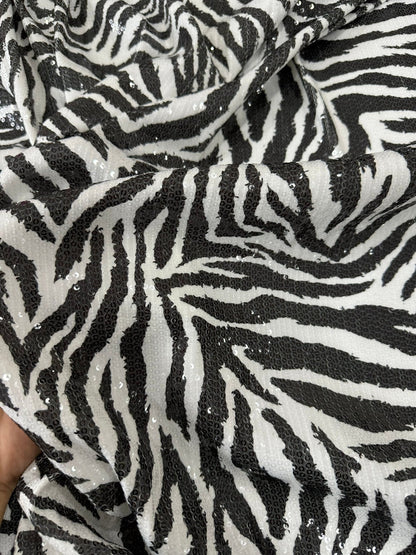 Black White Zebra Sequin Fabric, 2- Way Stretch Sequin Fabric By The Yard