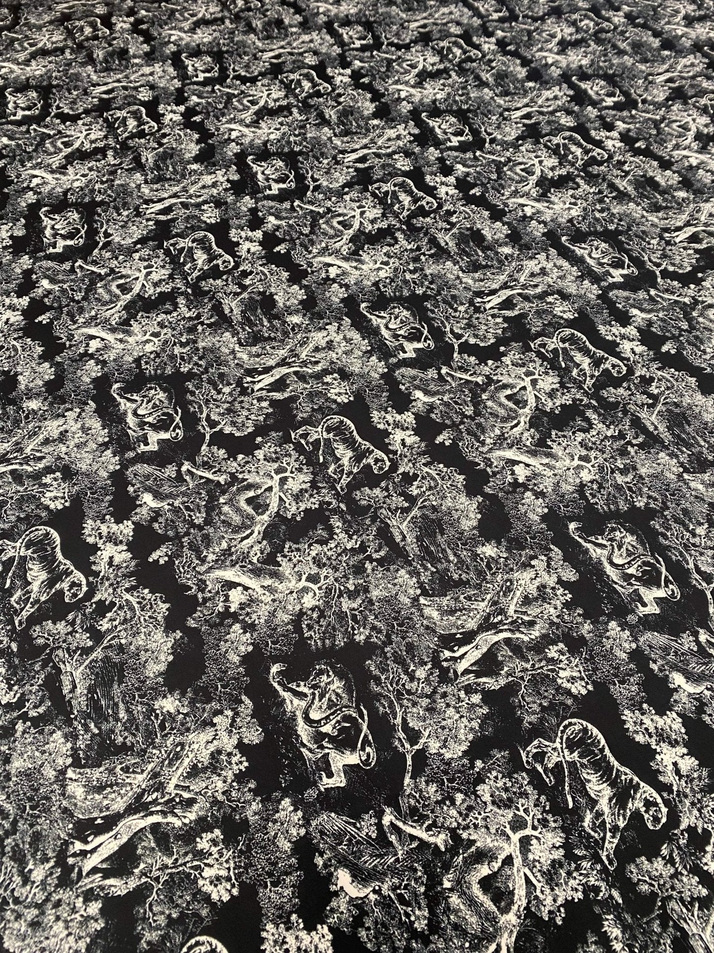 Black Wild Forest Pattern Fabric – Available in Satin, Crepe, Spandex & Chiffon | By Metre