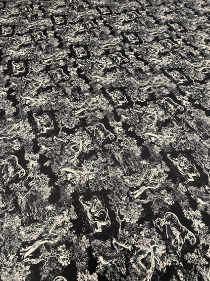 Black Wild Forest Pattern Fabric – Available in Satin, Crepe, Spandex & Chiffon | By Metre