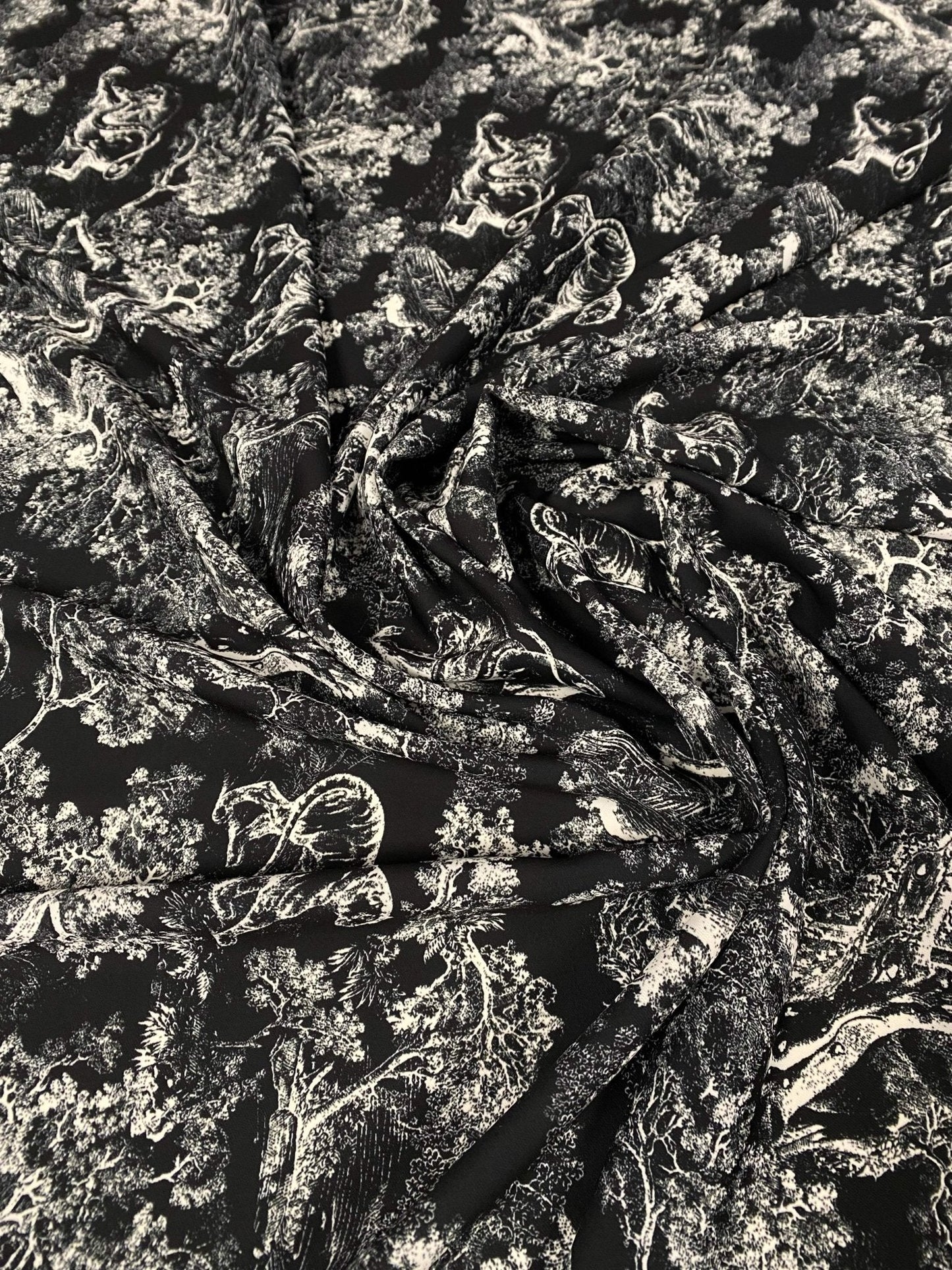 Black Wild Forest Pattern Fabric – Available in Satin, Crepe, Spandex & Chiffon | By Metre