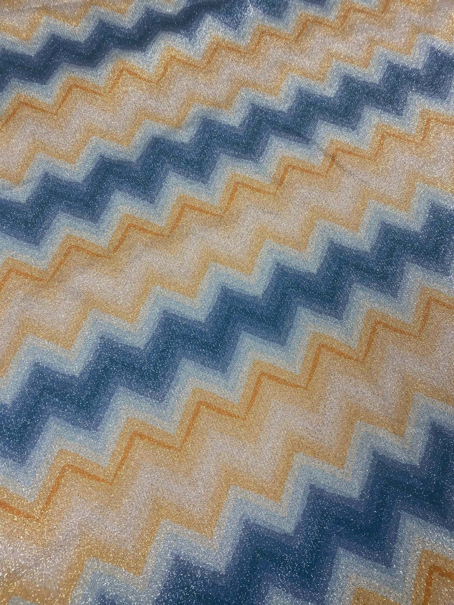 Blue and Gold Zigzag Pattern Lurex Fabric