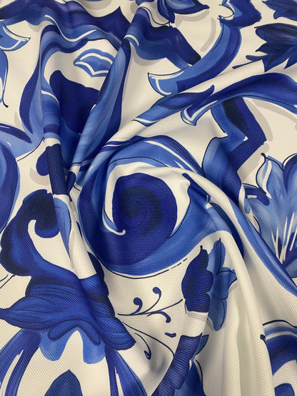 Blue and White Baroque Floral Print Fabric – Fabric by Metre, Multiple Options for Sewing & Dressmaking