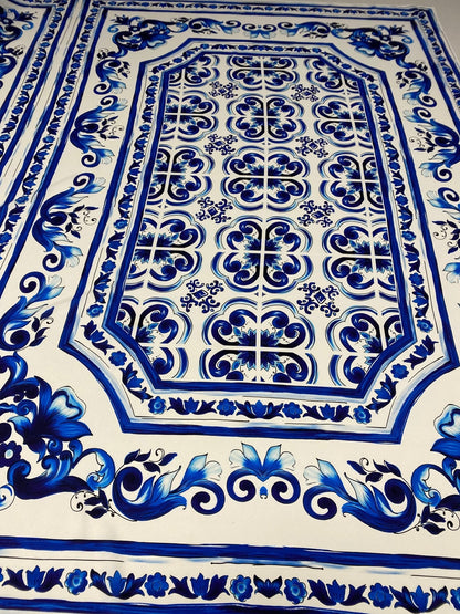 Blue Floral Tile Crepe Fabric by the Metre – White & Navy Classic