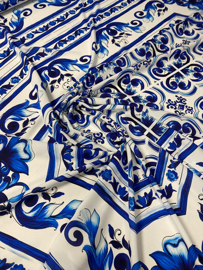 Blue Floral Tile Crepe Fabric by the Metre – White & Navy Classic