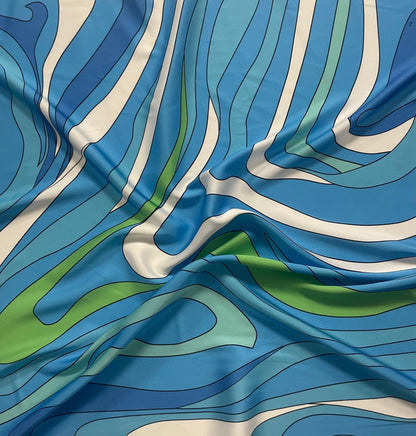 Blue Green Wave Fabric – Ocean Abstract Print by the Metre