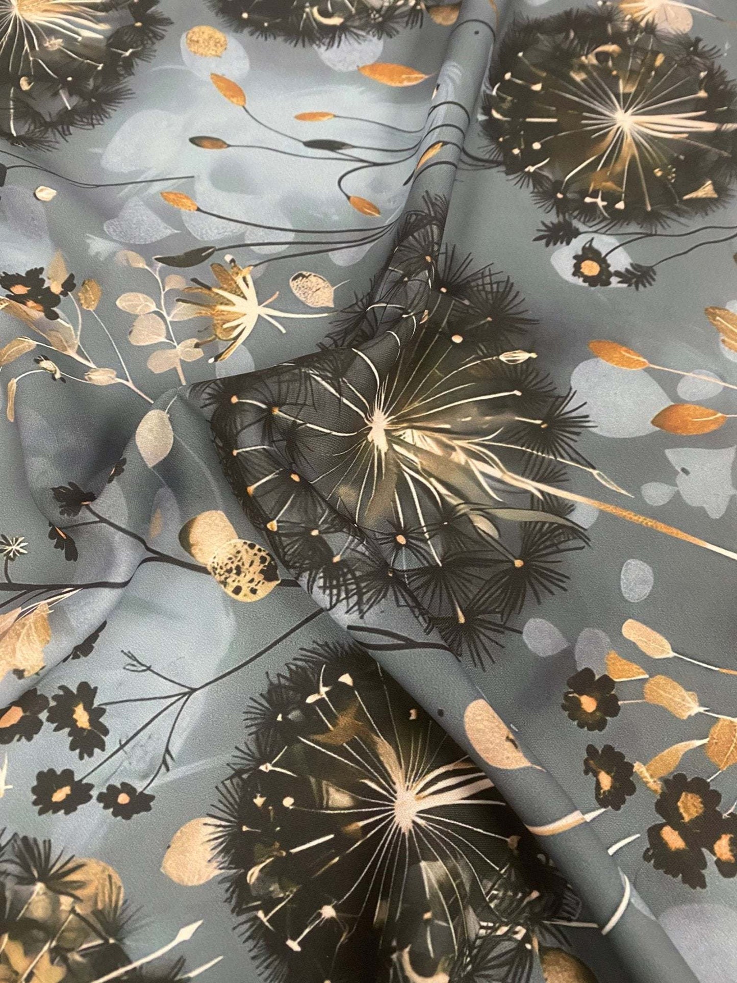 Blue Grey Dandelion Print Fabric – Available in Satin, Crepe, Spandex & Chiffon | By Metre