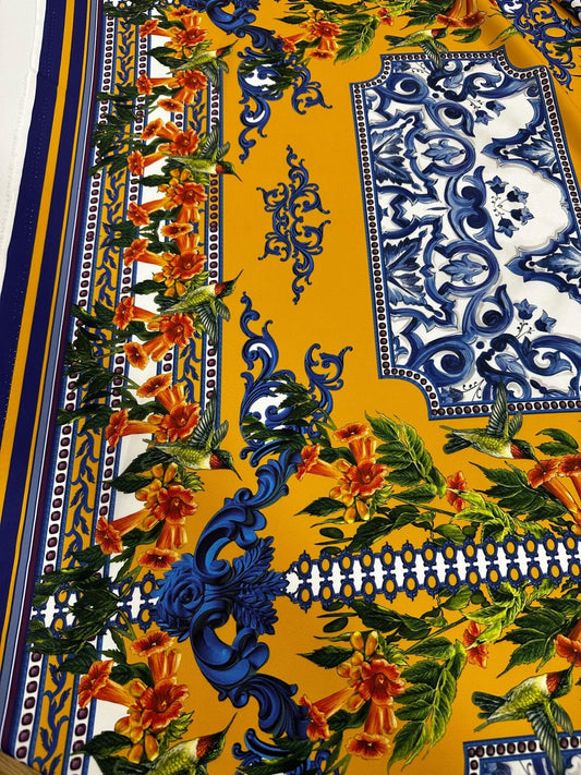Elegant Mustard Yellow Baroque Floral Fabric