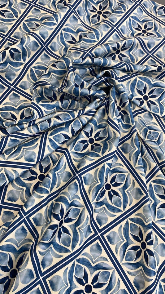 Blue Mediterranean Tile Pattern Fabric