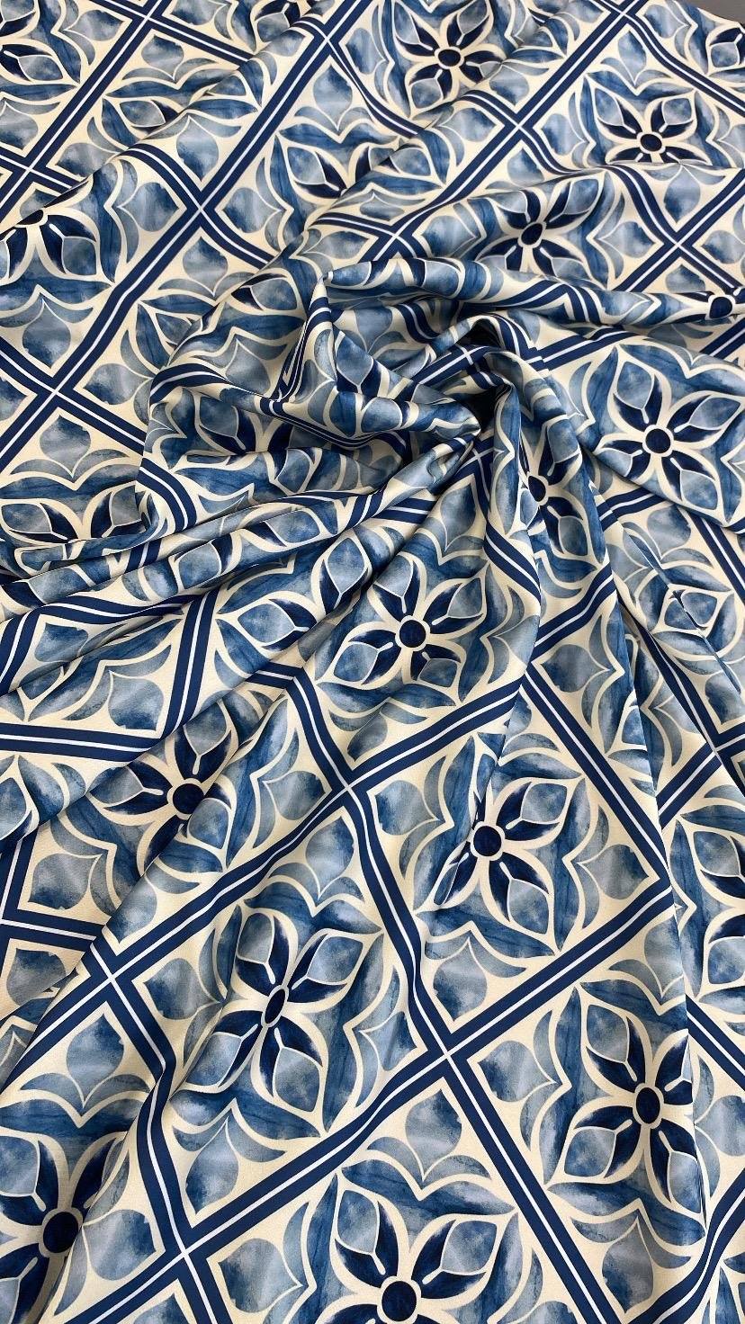 Blue Mediterranean Tile Pattern Fabric – Custom Printed Fabric, Choose Material by Metre