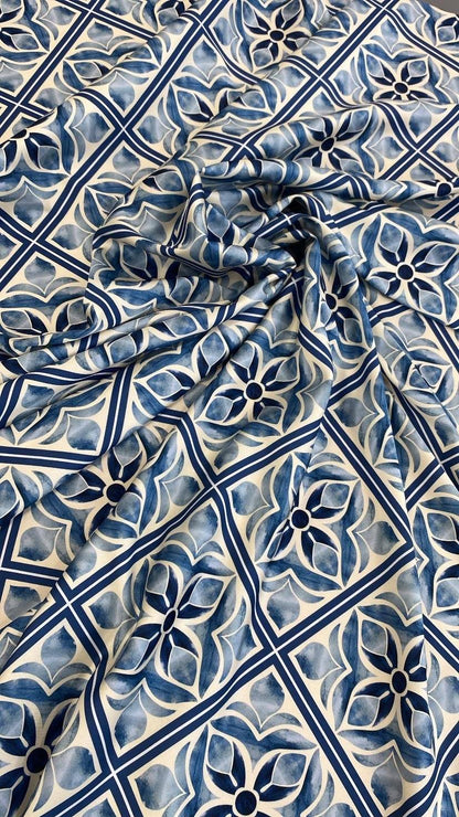 Blue Mediterranean Tile Pattern Fabric – Custom Printed Fabric, Choose Material by Metre