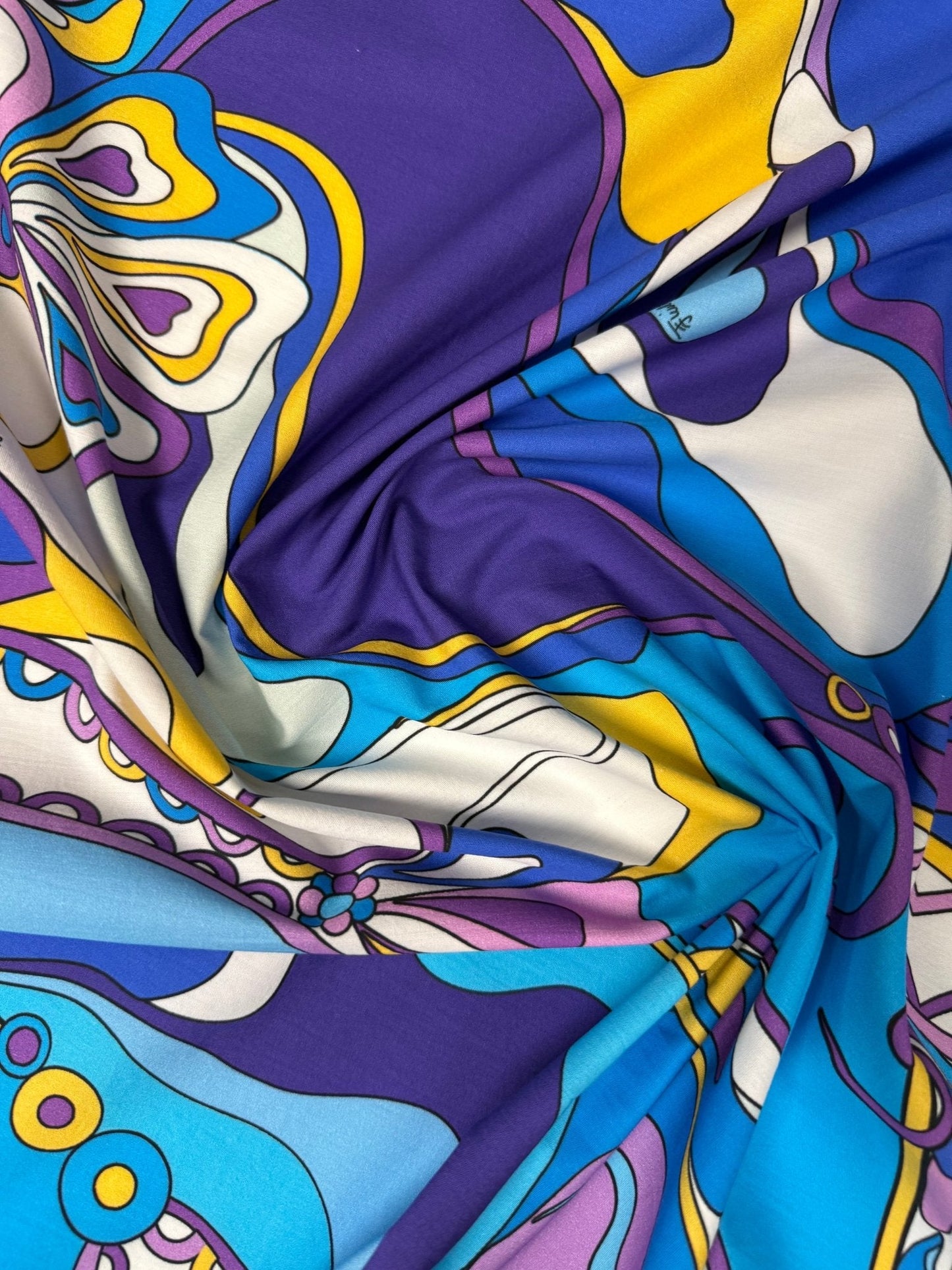 Blue & Mustard Psychedelic Swirl Organic Cotton Poplin Fabric by the Metre