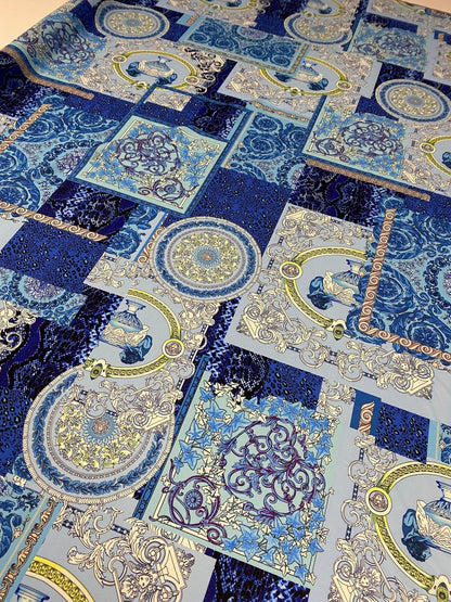 Blue Patchwork Baroque Crepe Fabric by the Metre – Decorative Design