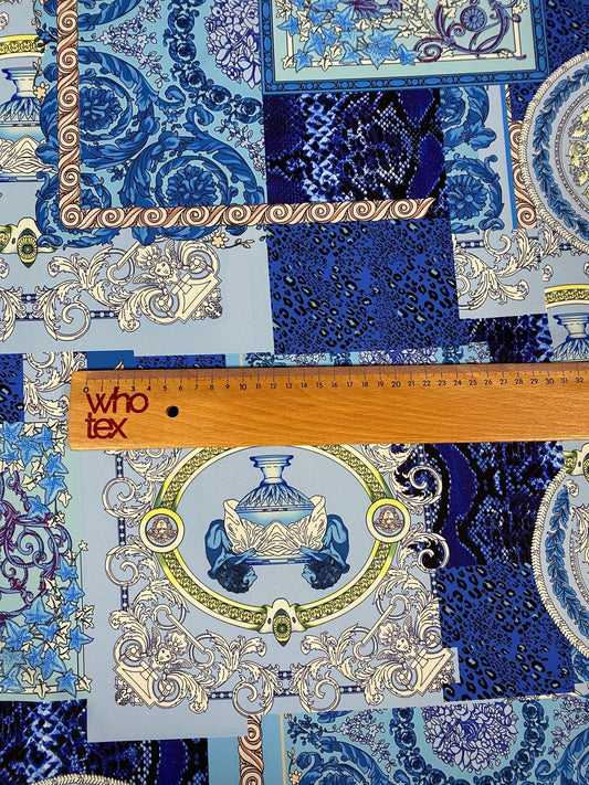 Blue Patchwork Baroque Crepe Fabric by the Metre – Decorative Design