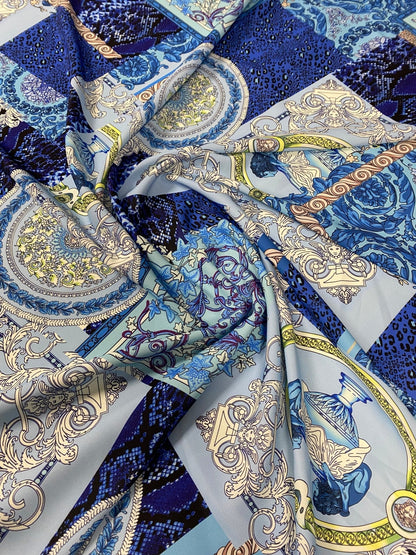 Blue Patchwork Baroque Crepe Fabric by the Metre – Decorative Design
