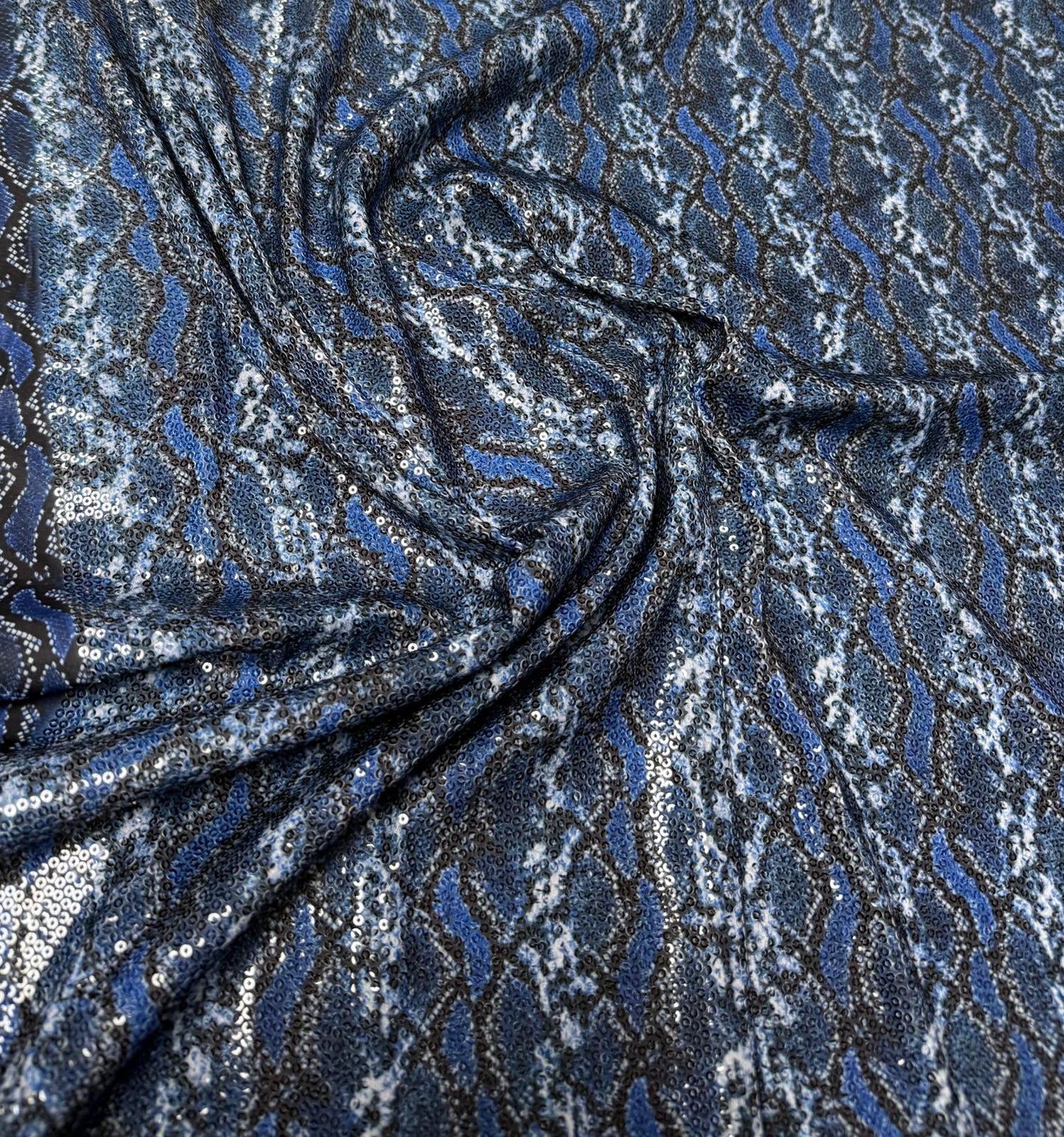 Blue Snake Print Sequin Fabric by the Metre
