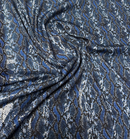 Blue Snake Print Sequin Fabric by the Metre