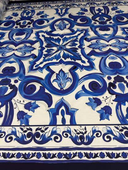 Blue & White Majolica Tile Organic Cotton Poplin Fabric by the Metre