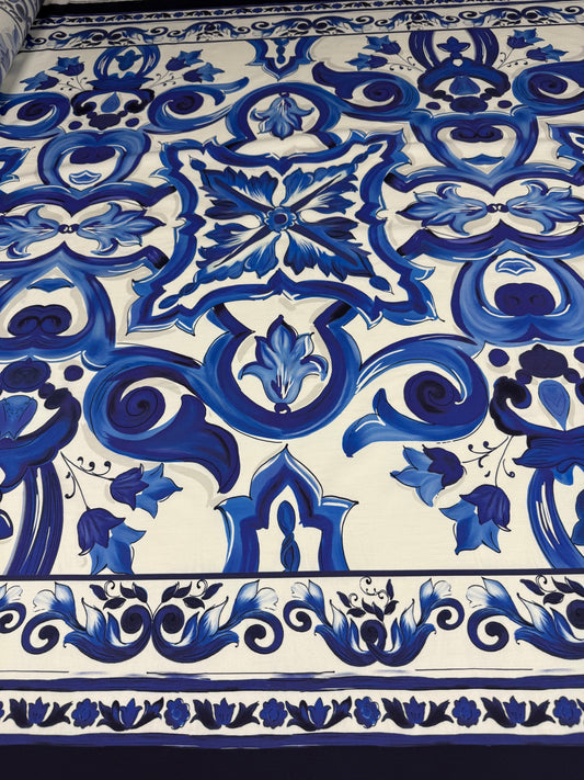 Blue & White Majolica Tile Organic Cotton Poplin Fabric by the Metre
