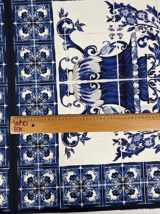 Blue & White Tile Print Crepe Fabric by the Metre – Classic Floral