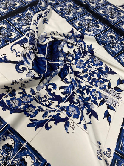Blue & White Tile Print Crepe Fabric by the Metre – Classic Floral