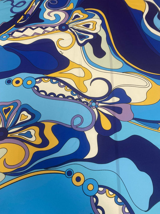 Blue Yellow Print Crep Fabric
