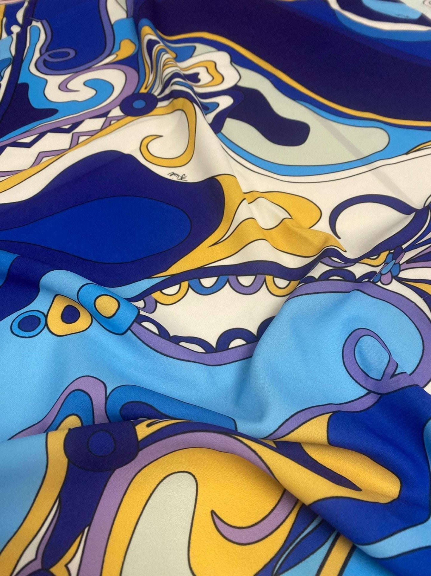 Blue Yellow Print Crep Fabric – Multiple Fabric Options, Sold by Metre