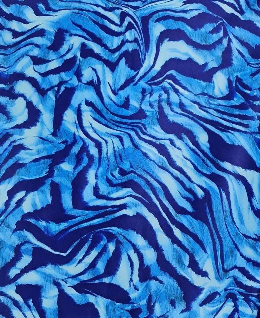 Blue Zebra Print Fabric – Available in Satin, Crepe, Spandex & Chiffon | By Metre