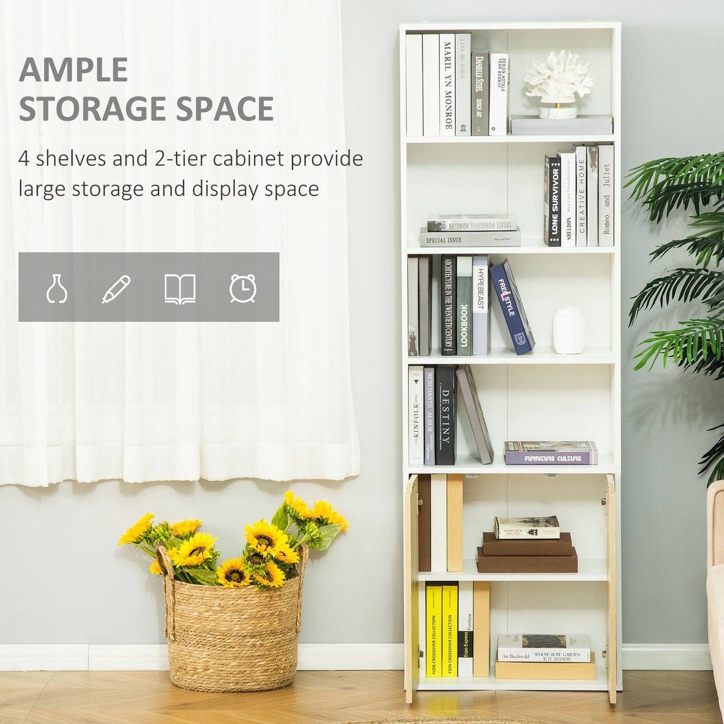 2 Door 4 Shelves Tall Bookcase Modern Storage Cupboard Display Unit for Living Room Study Bedroom Home Office Furniture White and Oak
