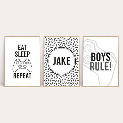 Personalised Name Gamer Eat Sleep Game Repeat Children's Wall Decor Set Of 3 Prints