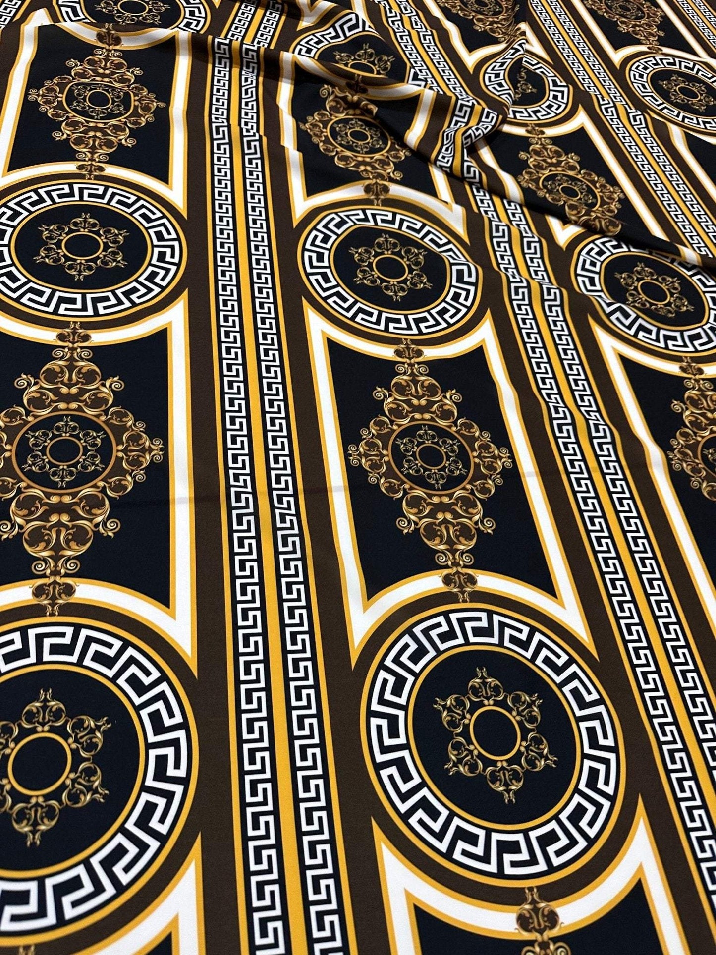 Brown Silky Crepe Fabric with Greek Key Pattern – Fabric by Metre, Multiple Options for Sewing & Dressmaking