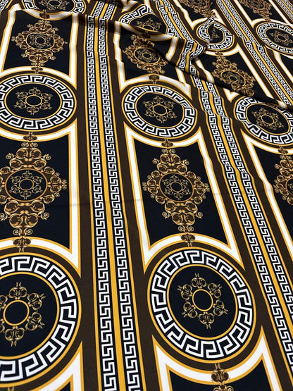 Brown Silky Crepe Fabric with Greek Key Pattern – Fabric by Metre, Multiple Options for Sewing & Dressmaking