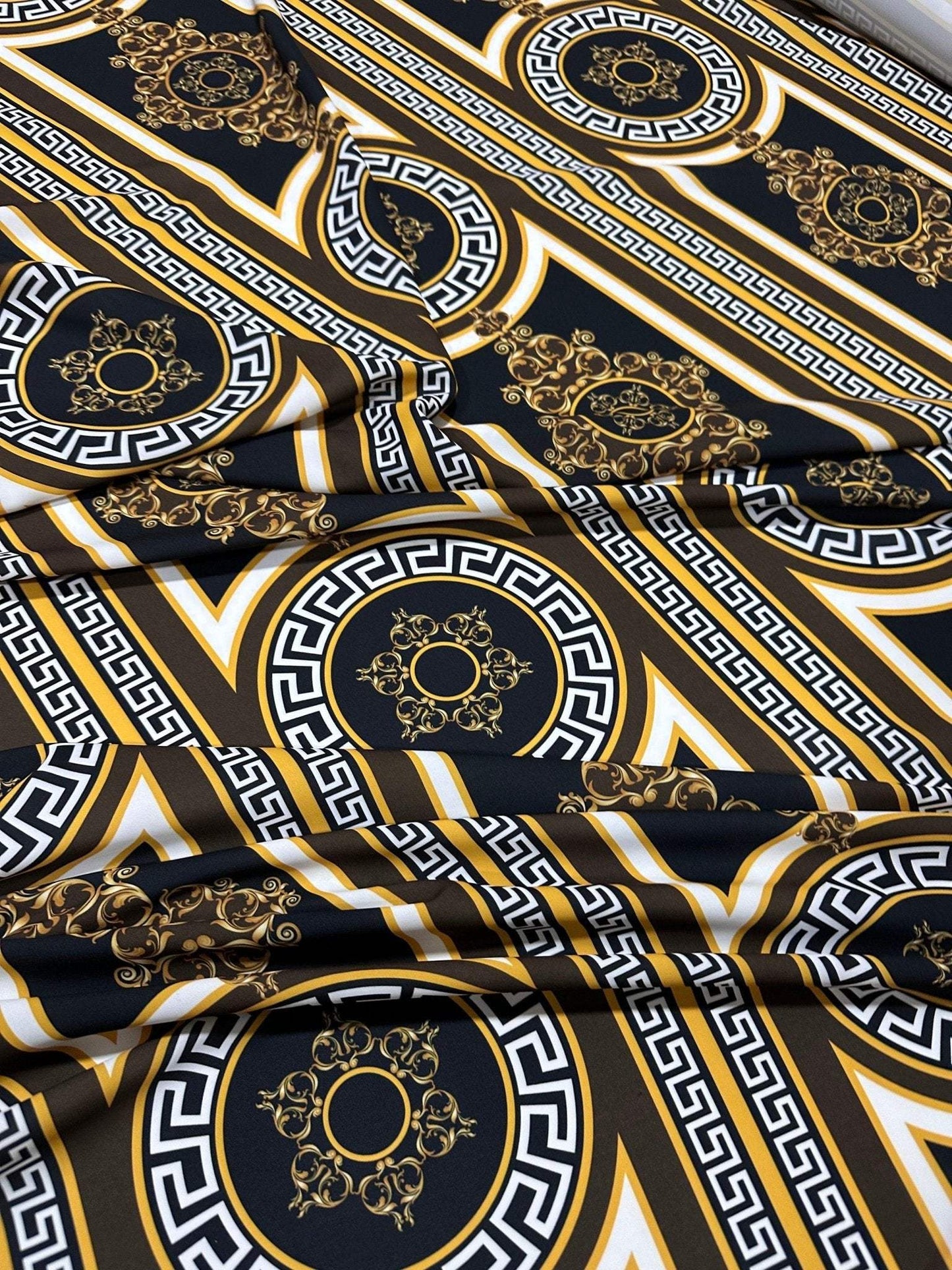 Brown Silky Crepe Fabric with Greek Key Pattern – Fabric by Metre, Multiple Options for Sewing & Dressmaking