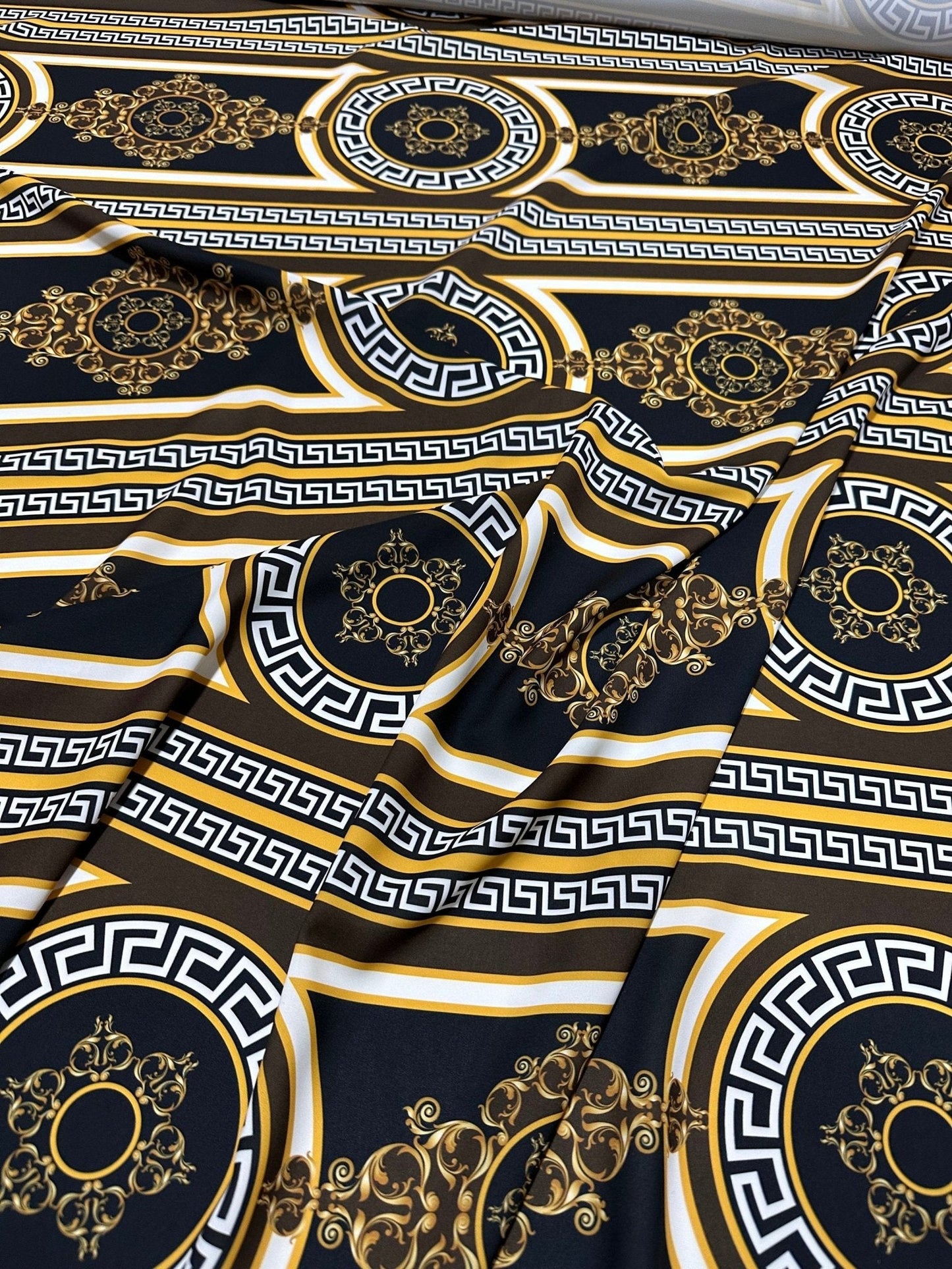 Brown Silky Crepe Fabric with Greek Key Pattern