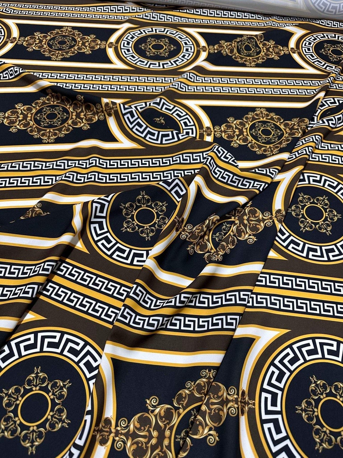 Brown Silky Crepe Fabric with Greek Key Pattern – Fabric by Metre, Multiple Options for Sewing & Dressmaking