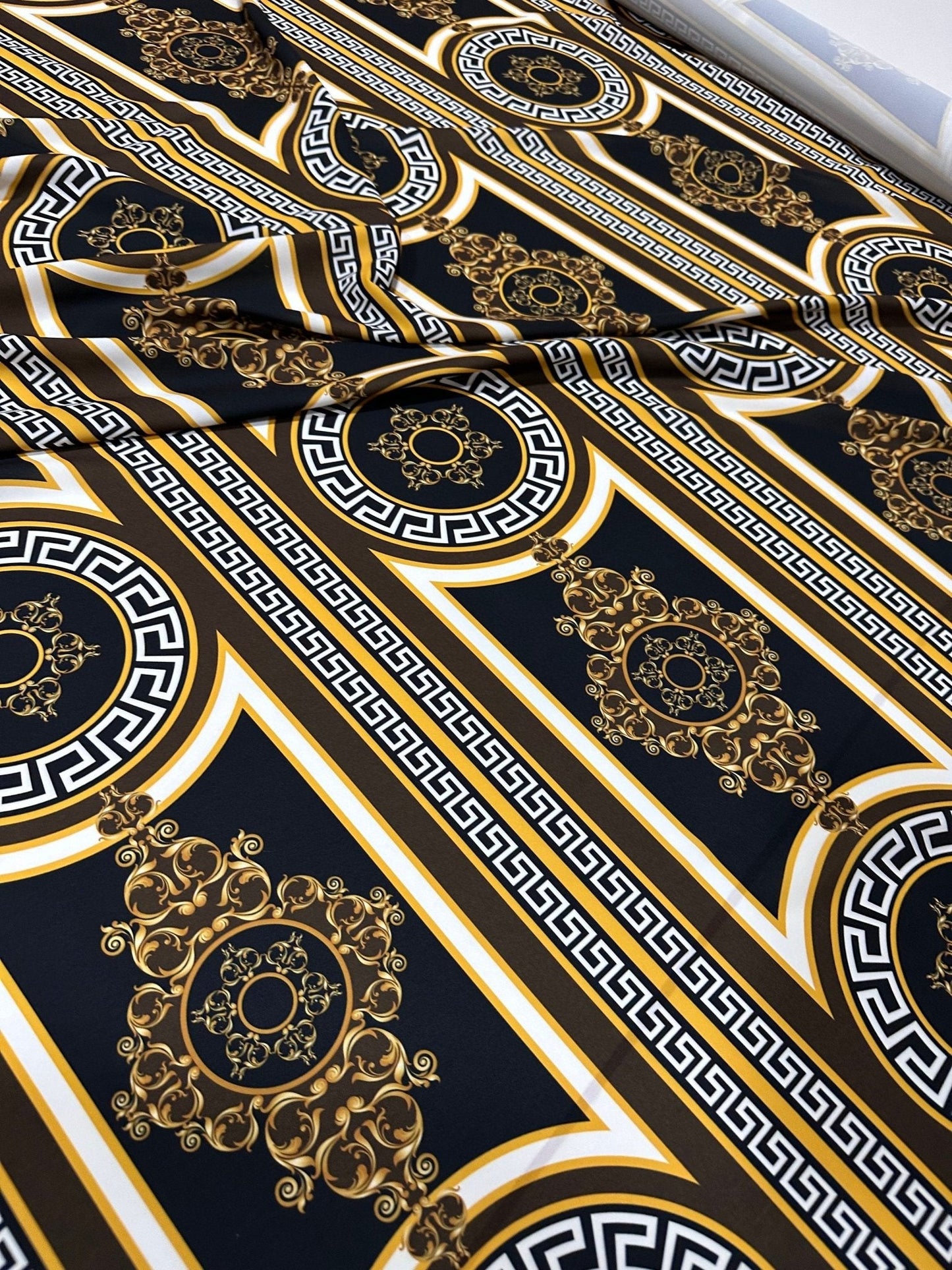Brown Silky Crepe Fabric with Greek Key Pattern