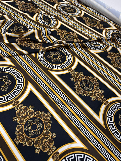 Brown Silky Crepe Fabric with Greek Key Pattern – Fabric by Metre, Multiple Options for Sewing & Dressmaking