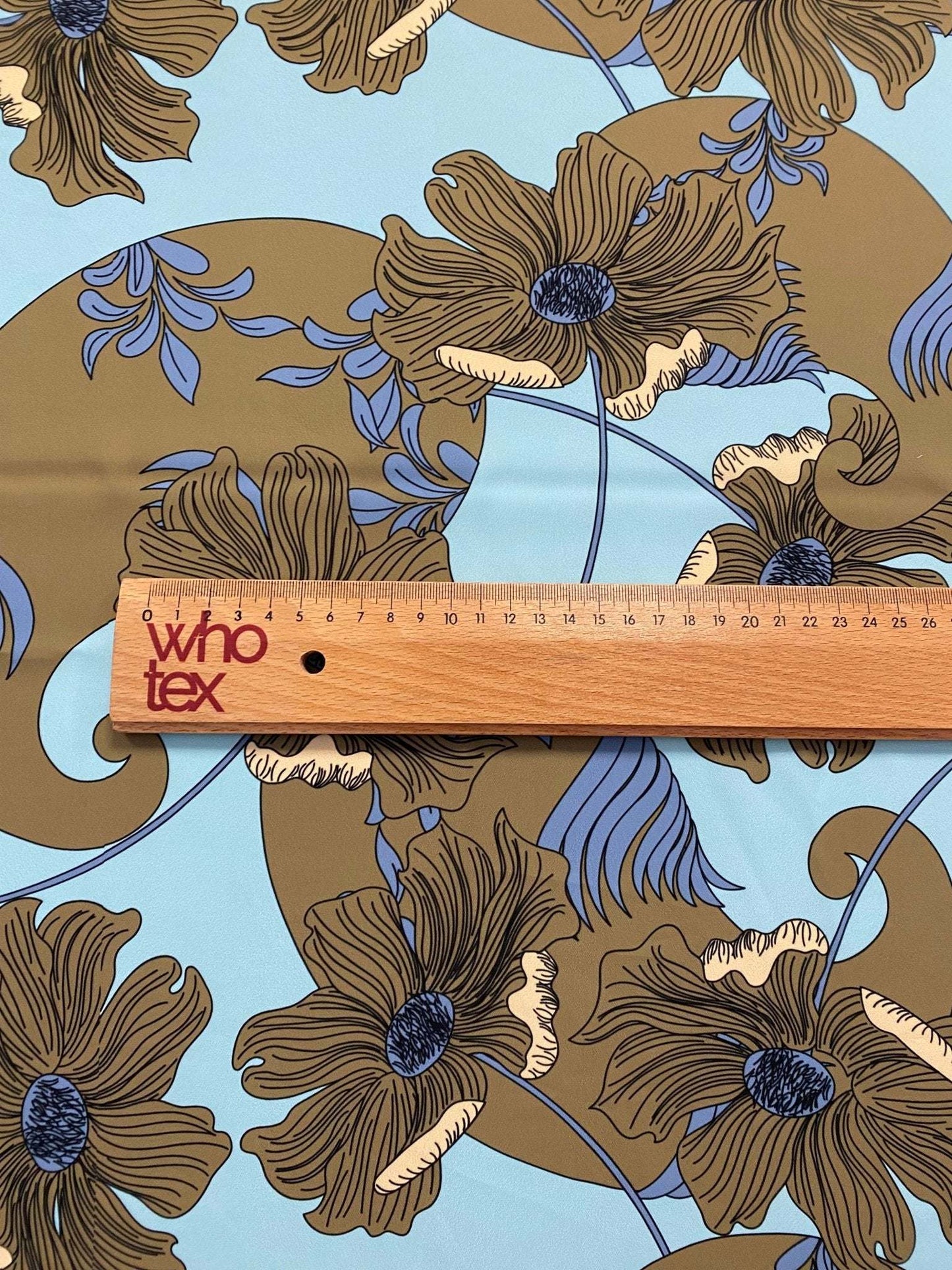Brown Floral Print Fabric on Light Blue Background – Fabric by Metre, Options: Satin, Crepe, Spandex, Chiffon