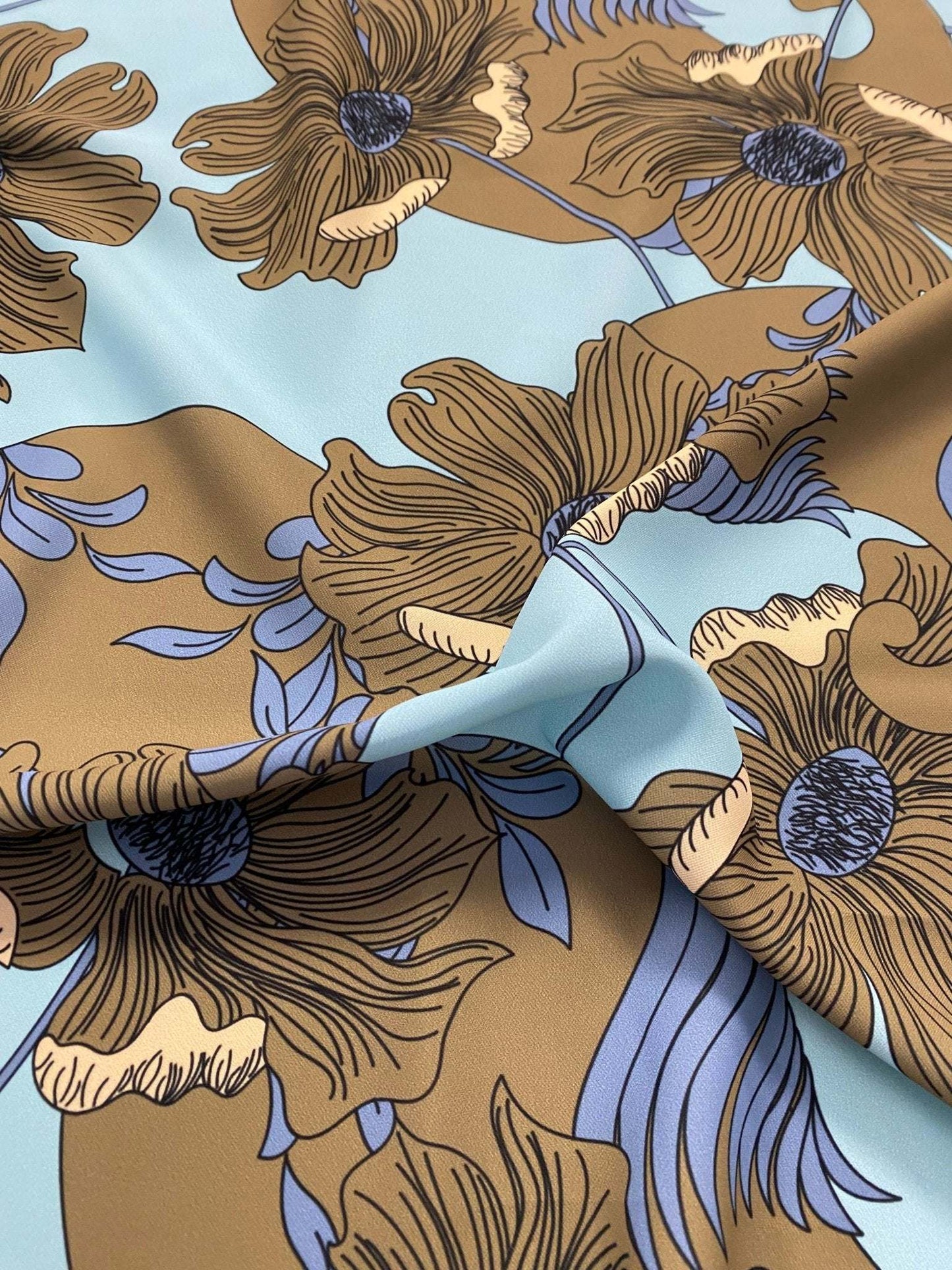 Brown Floral Print Fabric on Light Blue Background – Fabric by Metre, Options: Satin, Crepe, Spandex, Chiffon